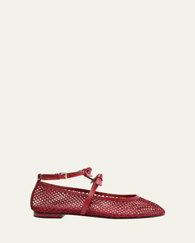 Slim Clarita Bow-Strap Fishnet Ballerina Flats